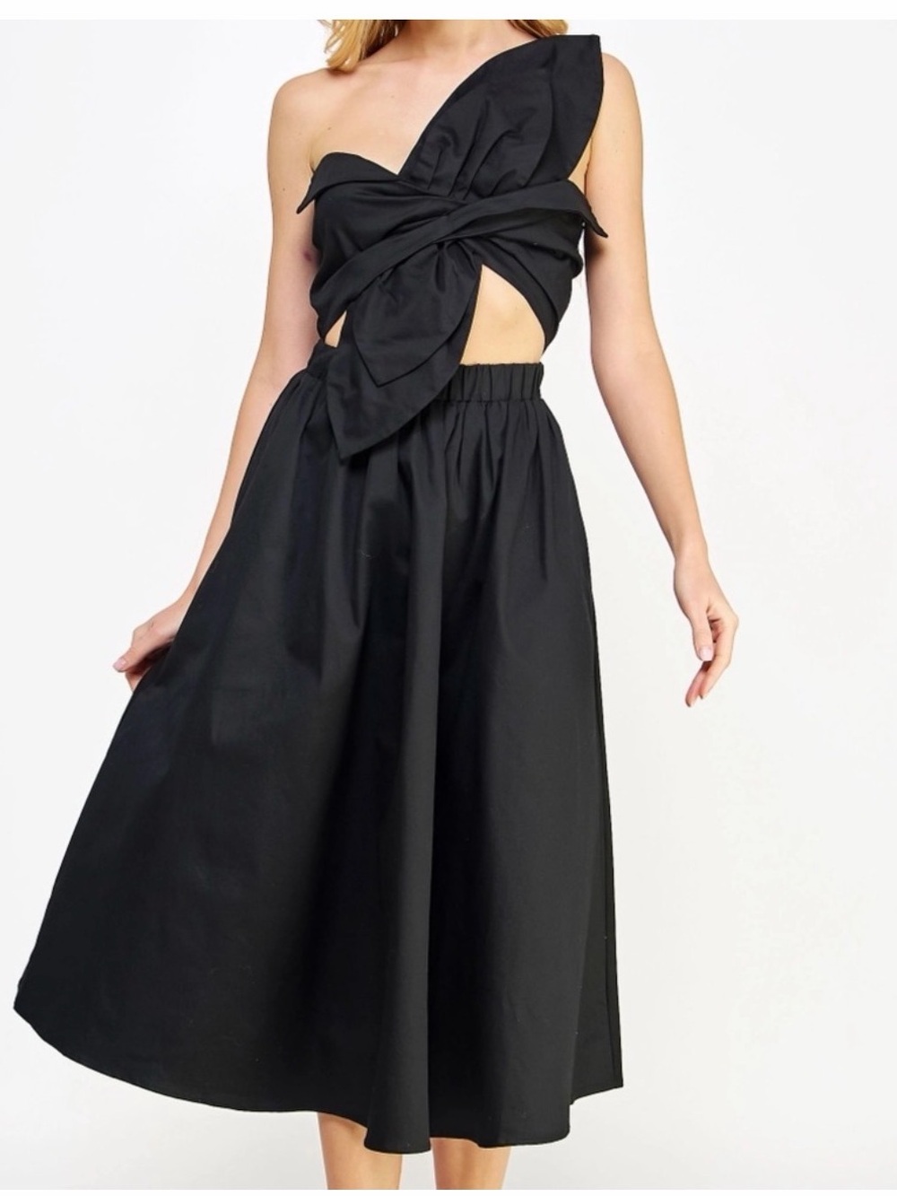Strut and Bolt One-Shoulder Black Midi Dress with Bow Detail - never worn